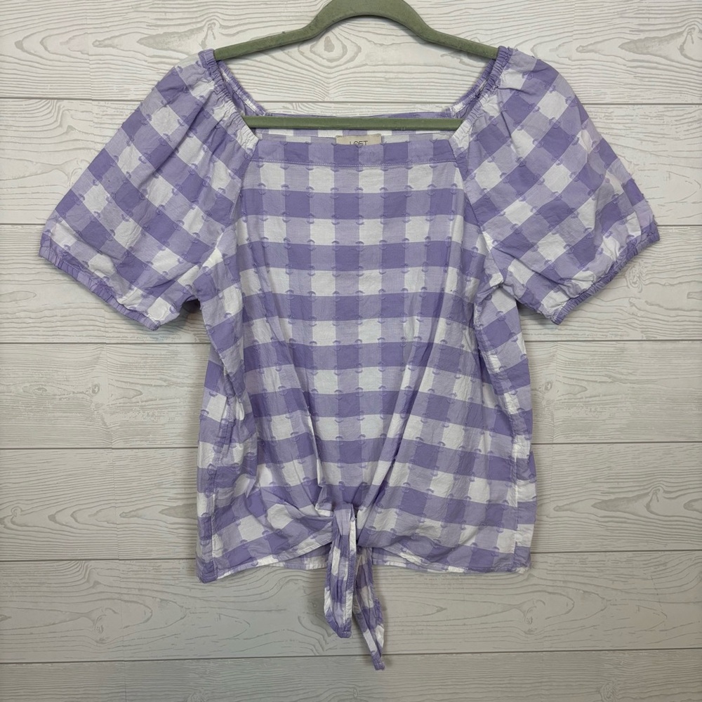 LOFT Outlet Purple Checkered Plaid Front Tie Blouse Size Small